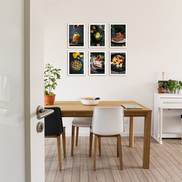Unique personalised feature wall using our hand finished gallery wall frame sets of beautiful food photography that makes the perfect decor for in your kitchen.
